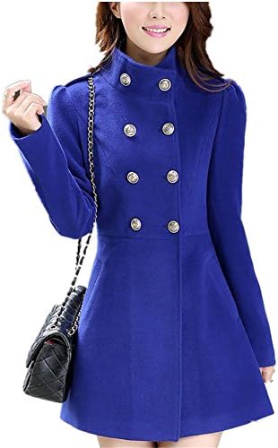 MUYAOO Women Korean Long Coat Jacket Windbreaker Winter Slim Outwear Royalblue&S
