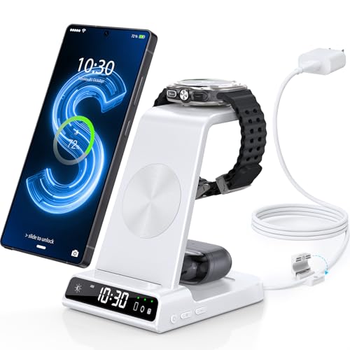 Induktive Ladestation für Samsung, 3 in 1 Ladegerät mit Digitaluhr, Weiß