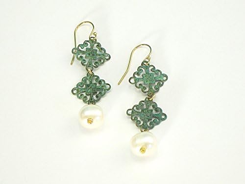 Verdigris Medallions and White Pearl Earrings
