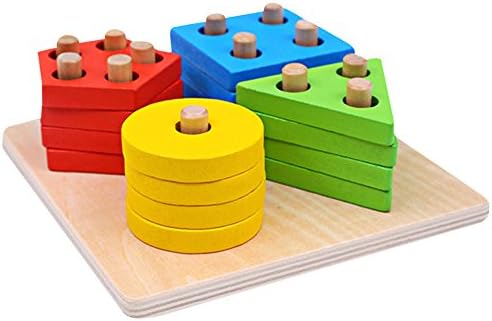 Puraid(TM) Children Multicolor Wooden Block Toy Baby Kids Geometric Stacker Shape Column Building Block Set Educational Toy FCI#