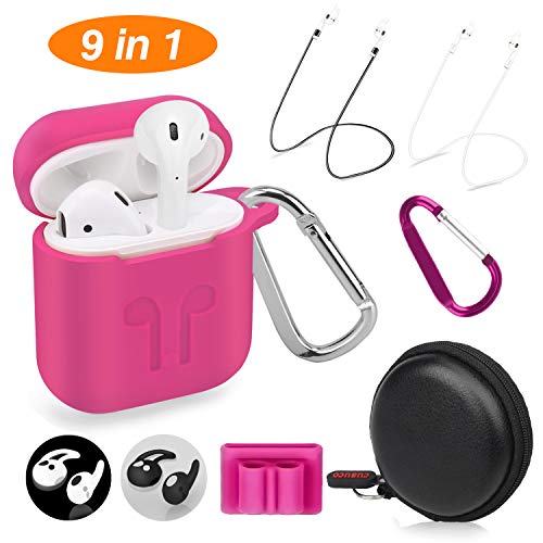 Cuauco AirPods Case Protective Silicone Cover with 2 Anti-Lost Airpods Strap/2 Pairs of Ear Hooks/2 Carabiner/1 Airpods Watch Band Holder/1 Headphone Case for Apple Airpods Accessories (9 Pack)-(Rose)