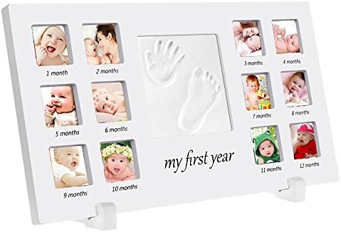 手形 赤ちゃん 足形フレームベビー フォト フレーム 12枚写真立て 赤ちゃん手形記念品 ハンドプリント フットプリントフレームキット 安全な非毒性粘土 木製フレーム 卓上壁掛両用 出産祝いの用品に最適です