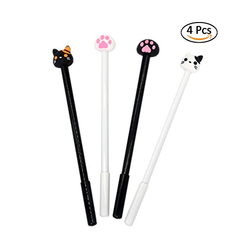 4 Pcs Lovely Cute Cat Shape Gel Pens 0.38mm(Commutative Pen Core) Creative Gifts Office School Supplies (Black + White)