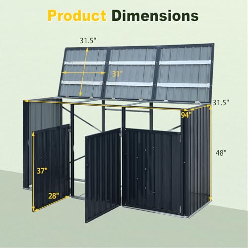 Goplus 7.8 x 2.6 FT Outdoor Trash Can Storage, 3-Bin Metal Garbage Shed with Flip-Up Lids & Lockable Doors, Galvanized Steel Utility Enclosure for Garden Tools Equipment, Patio, Backyard & Yard
