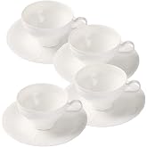 PULCHRITUDIE White Fine Porcelain 7 Oz Teacup Saucer Set, Sculpture Surface, Light Weight, Set of Four