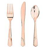 BUCLA 300 Pieces Rose Gold Plastic Silverware-Plastic Rose Gold Cutlery-Heavyweight Disposable Flatware set- 100 Forks, 100 Spoons, 100 Knives