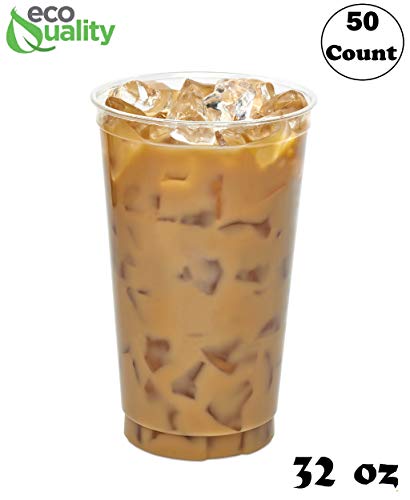 Clear Plastic Disposable Pet Cups | 32 oz Cups, 50 Pack | Crystal Clear PET Cup | Cold Smoothie | Iced Coffee Go Cups | Ideal for Coffee, Parfait, Juice, Soda, Cocktail, Party Cups (32oz, 50 count)