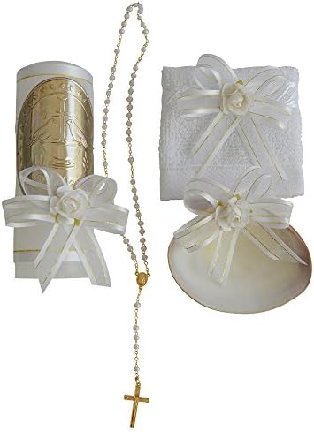 Grahmart Handmade Catholic Baptism Kit including Rosary, Towel, Candle and Shell Kit De Bautizo Religious Gift