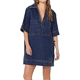 EZAPINE Women Blue Denim Dress Summer Deep V Half Sleeve Casual Loose Collared Shift Mini Jean Dress with Pocket