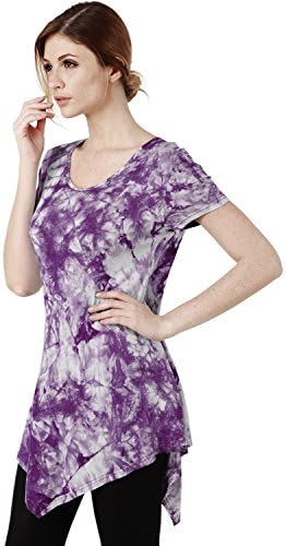Elbon Boutique Womens Short Sleeve All Over Tie Dye Handkerchief Hem Tunic PLUM XS