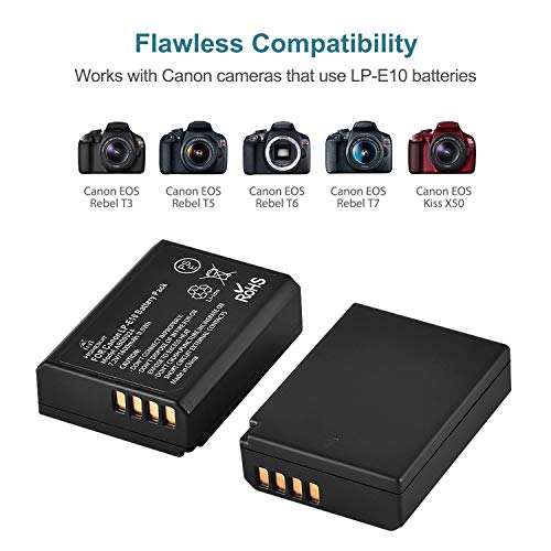 Homesuit LP-E10 Camera Battery Charger Set for Canon EOS Rebel T3, T5, T6, T7, Kiss X50, Kiss X70, EOS 1100D, EOS 1200D, EOS 1300D (2-Pack, 1600mAh, 3 Charging Options)
