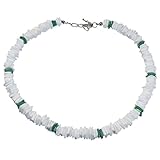 Hawaiian White and Green Square Cut Puka Shell Necklace with Lobster Lock