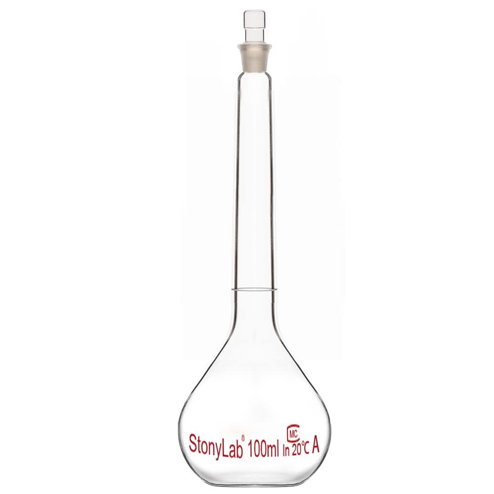 stonylab Glass Volumetric Flask Class A with Glass Stopper, Borosilicate Glass Heavy Wall Volumetric Flask Tolerance ±0.10ml, 100ml