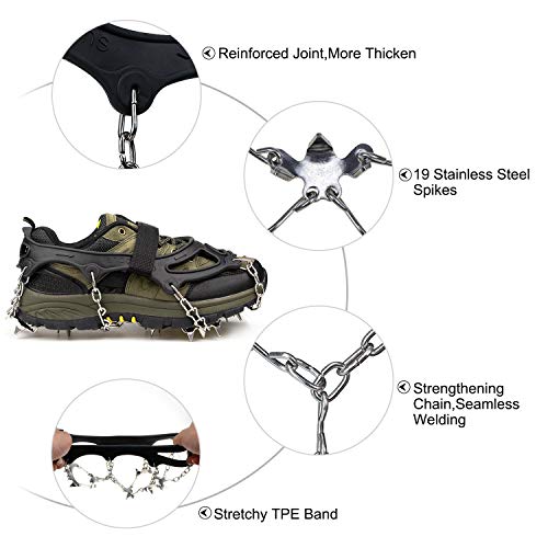 Crampons Ice Cleats for Shoes and Boots Women Men Kids Anti Slip 19 Spikes Stainless Steel Microspikes for Hiking Fishing Walking Climbing Jogging Mountaineering