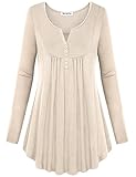 Becanbe Women's Vintage Long Sleeve V Neck Pleated Tunic Shirt