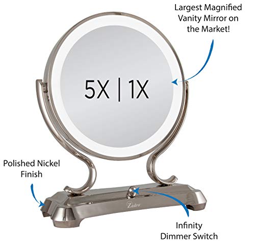 Zadro Polished Nickel Surround Light Dual Sided Glamour Vanity Mirror, 5X / 1X Magnification