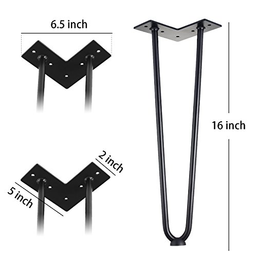 3S 16" Two-Rod Heavy Duty Hairpin Legs 1/2" Set of 4 Table Legs, Satin Black, Metal Legs, Screws Included