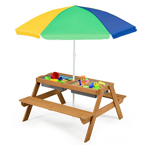 Costzon Kids Picnic Table with Sensory Bins, 4 in 1 Sand and Water Table with Height Adjustable Umbrella, Removable Tabletop, Wooden Kids Outdoor Table for Backyard Patio Play
