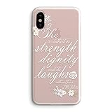iPhone X Case Motivational Inspirational Flower Floral Cute Bible Verses Quotes She Is Clothed with Strength & Dignity Proverbs 31:25 Black and White Stripe Chevron Clear Rubber Case for iPhone X