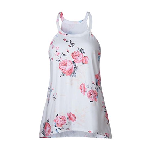 Gyouandme Summer Print Shirt Blouse Crew Neck Sleeveless Flowy Tank Tops (L, White)