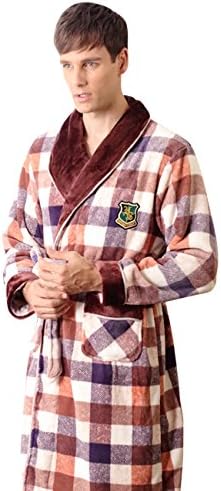 Nueking Grids Print Fleece Fashion Colorful Long Mens Warm Flannel Bath Robes Coffee X-Large