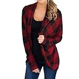 Tsmile Womens Cardigan Coat Clearance Autumn Long Jackets Irregular Lattice Print Ladies Outwear (Red, M)