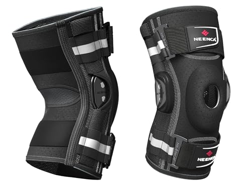 Rodillera profesional NEENCA para el dolor de rodilla, soporte ajustable con bisagras y estabilizadores laterales extraíbles, gran estabilidad para aliviar el dolor articular, artritis, desgarro de menisco, ligamento cruzado anterior (LCA), ligamento cruzado posterior (LCP), corredores y deportistas (HX043-MX, Small) (Negro, Medium)
