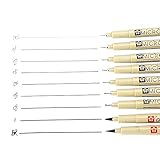 Sakura 9 Pcs Pigment Liner Pigma Micron Ink Fine Line Pen Set 005 01 02 03 04 05 08 1 Brush with Pen Case, Black, Made in Japan