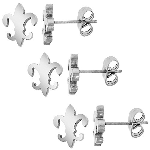 3 PAIR PACK Small Stainless Steel Fleur De Lis Stud Earrings 3/8 inch