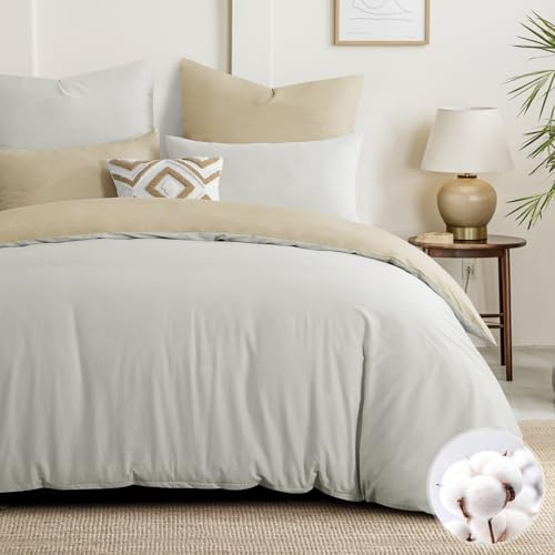 Aisbo Bettwäsche 220x240 Baumwolle Khaki Beige - Bettwäsche-Sets 220x240 cm Wendebettwäsche 3teilig mit 2 Kissenbezüge 80x80 cm, Baumwollbettwäsche Oe