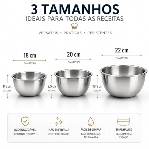 Conjunto 3 Tigelas Inox Premium 18cm 20cm 22cm – Bowls Aço Inoxidável Empilháveis Resistentes para Salada Massa Mistura Cozinha Profissional Durável