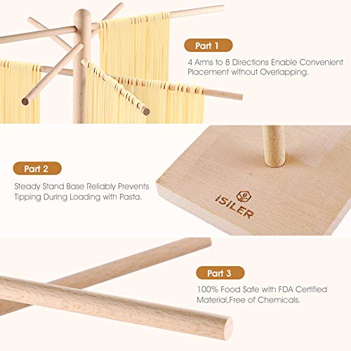 iSiLER Natural Beech Wood Pasta Drying Rack, Pasta and Spaghetti Dryer Stand with 4 Branched, Detachable Arms for up to 4 Pounds of Pasta Dough