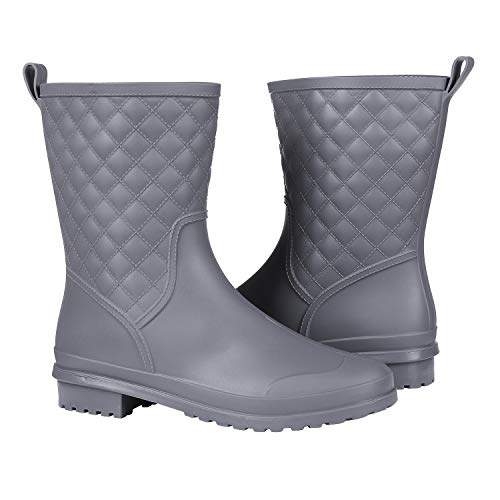 Women's Mid Calf Rain Boots Waterproof Lightweight Garden Shoes Grey