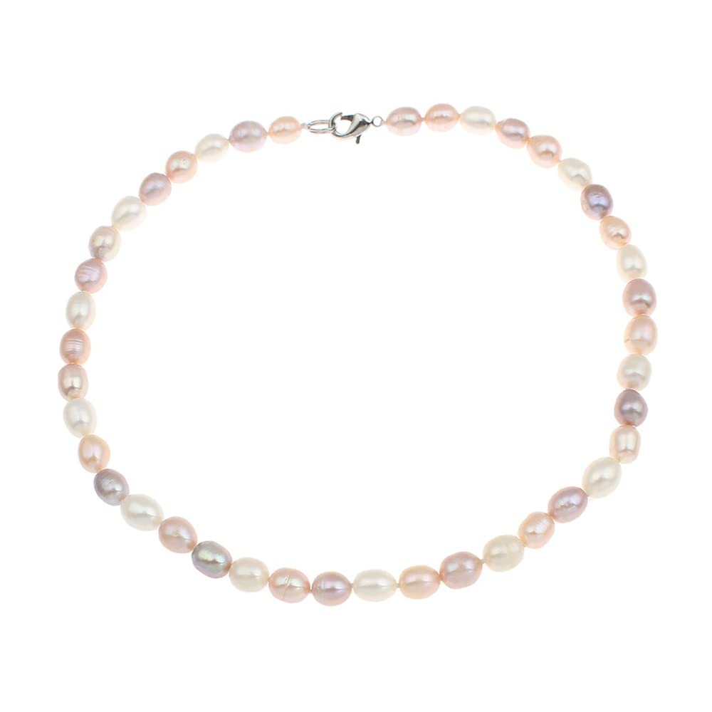 Treasure Bay Women's Pearl necklace - Elegant and Classic 7-8mm Rice Shape Natural Pearl Necklace 46cm Colour Choice White/Pink/Black/Grey/Purple/Multicolour (Pink-White-Purple)