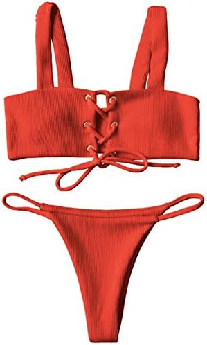 IMAYIO Ribbed Texture Lace up Bathing Siut Women Summer Swimsuits (Red, S)