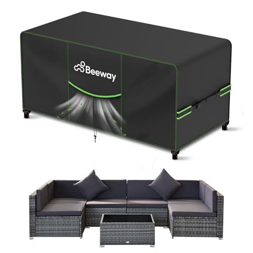 BEEWAY Gartenmöbel Abdeckung Wasserdicht V2.0 300x200x92cm, Schutzhülle Abdeckplane für Gartentische Terrassenmöbel Möbelsets - 420D Oxford Gewebe, An
