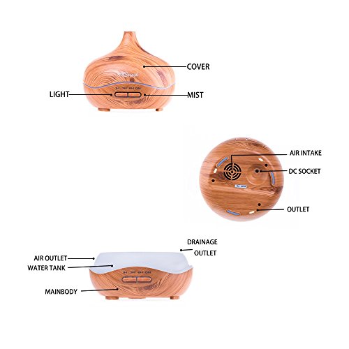 Essential Oil Diffuser ONEreah Cool Mist Humidifier Wood Grain Humidifier 300ML with 4 Timer Settings Waterless Auto Shut-off and 14 LED Color Changing for Office Home Bedroom Living Room Study Yoga