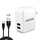 ONSON USB Charger,4.8A 24W Dual USB Portable Travel Wall Charger Adapter with Foldable Plug + 10FT Extra Long Mirco USB Cable Android Charging Cord for Samsung Galaxy S7 Edge/S6 Edge/S5/S4/HTC