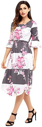 Women's Casual Loose Pocket Dress Floral Summer Dress 3/4 Bell Sleeve Midi Swing Dress