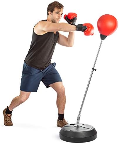 Tech Tools Boxing Ball Set with Punching Bag, Boxing Gloves, Hand Pump & Adjustable Height Stand - Strong Durable Spring Withstands Tough Hits for Stress Relief & Fitness