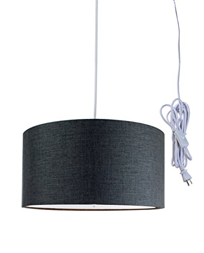 2 Light Plug-In Pendant Light By Home Concept - Hanging Swag Lamp Shallow Drum Granite Grey with Diffuser - Perfect for apartments, dorms, no wiring needed (Grey, White two-light)