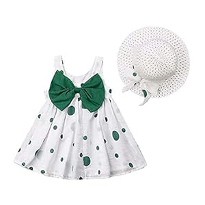 puseky Baby Meisjes Bloemen Grote Strik Zonnejurk Dots Print Mouwloze Jurk + Zonnehoed Set, Bowknot-groen, 6-12 Maanden