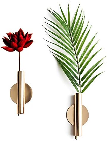 DINOWIN Wall Mount Hanging Metal Vase Set, Geometric Wall Decor Container Flower Bud Vase Dried Flower Holder,Artificial Flower Arrangement(Adhesive Material Included) (Gold)