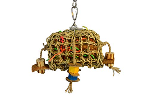 Birds LOVE Small Seagrass Foraging Pouch Toy w Wood Toys on Natural Rope, Forage Hanging Chewing Fun for Conures Cockatoos Cockatiels – 10″ x 8″