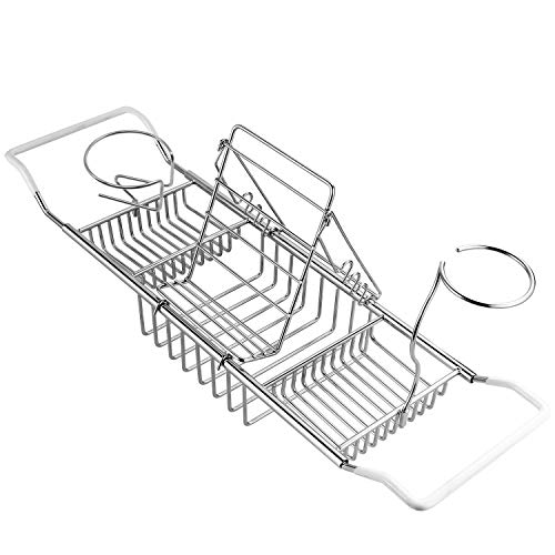 GTHUNDER Bath Tub Caddy Over Bathtub Tray Stainless Steel Racks Organizer with Extending Bars, Wine Glass and Universal Cup Holder, Book Rack (Update)