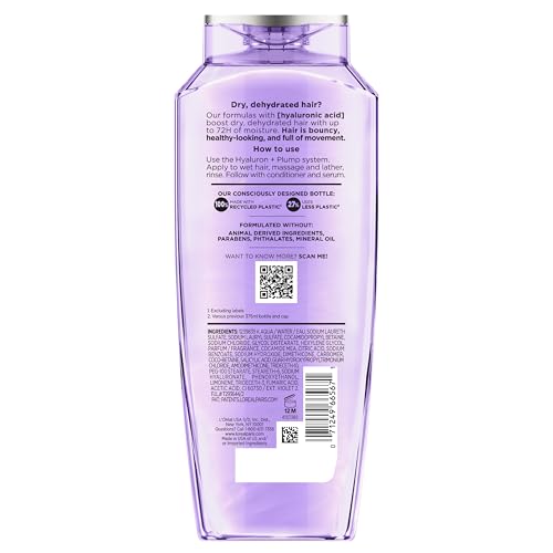 L’OREAL PARIS ELVIVE HYALURON PLUMP HYDRATING SHAMPOO FOR DEHYDRATED, DRY HAIR INFUSED WITH HYALURONIC ACID CARE COMPLEX, PARABEN-FREE, 12.6 FL OZ