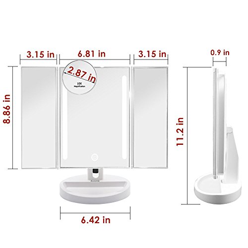 Auxmir Trifold LED Lighted Makeup Mirror, Vanity Mirror with 10X Magnifying Spot Mirror, Dimmable, Touch Screen, Auto Off, 180° Rotation Tabletop Cosmetic Mirror for Makeup, Shaving and Facial Care - Thumbnail 5