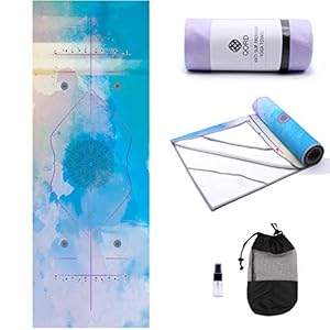 Yoga Towel,Hot Yoga Mat Towel with Corner Pockets Design – Sweat Absorbent Non-Slip for Hot Yoga,Bikram and Pilates (Alignment Lines Blue(Corner Pockets))