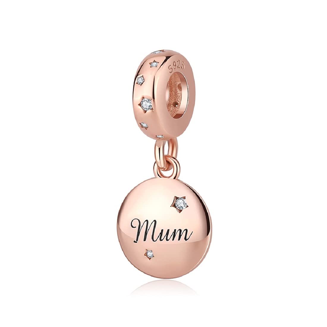 FeatherWish Sterling Silver 925 Rose Gold Love Mum Forever Always Star Pendant Dangle Charm Fits And Compatible With Pandora Bracelets Gift For Birthday Friend Wife Sister (Mum Rose Gold)