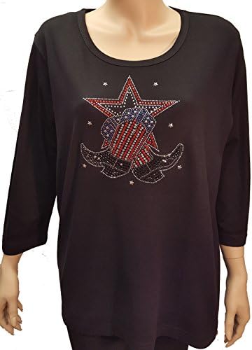Star Spangled Cowboy Boots Bling Black T-Shirt with Rhinestones. (XL)